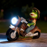 Solar Frog Motorcycle Statue Light - Outdoor Garden Decor Resin Frog Figurine Riding Vintage Ornament for Patio | Lumora