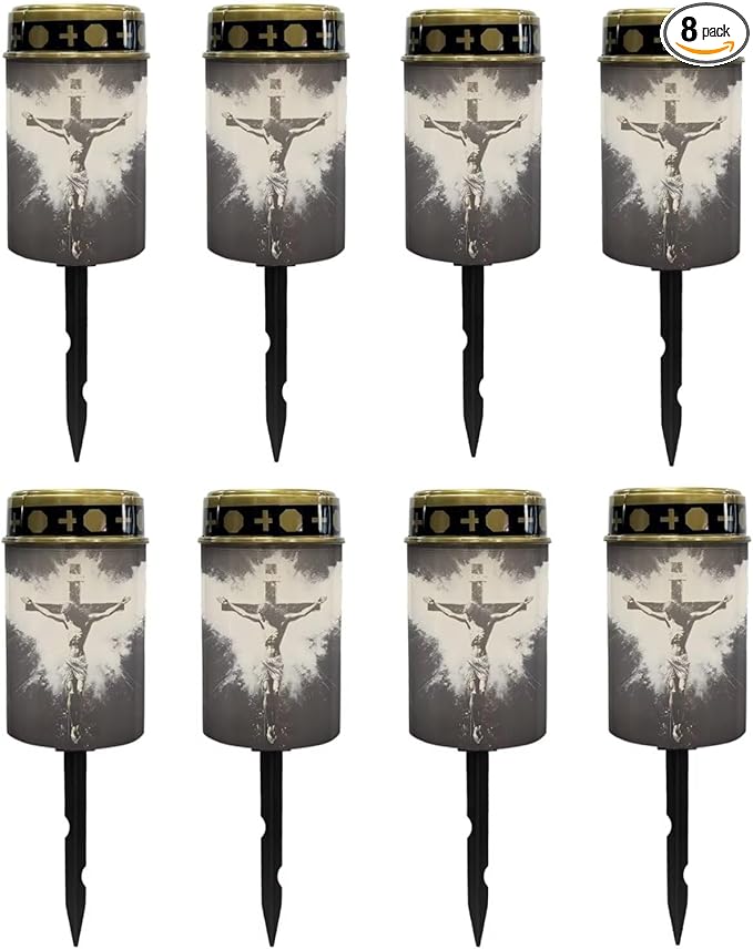 Poceacles Cross Solar Lights Set of 8 Outdoor Waterproof Cemetery Lights Solar Powered Grave Solar Lantern Outdoor Waterproof Walkway Lights for Lawn Garden Pathway, God Cross Black White