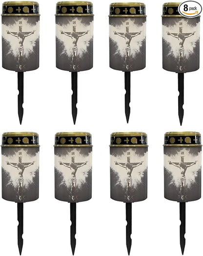 Poceacles Cross Solar Lights Set of 8 Outdoor Waterproof Cemetery Lights Solar Powered Grave Solar Lantern Outdoor Waterproof Walkway Lights for Lawn Garden Pathway, God Cross Black White