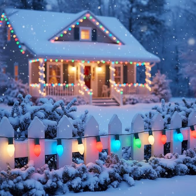 25FT C9 Christmas Lights Multi-Color String Lights with 26 Incandescent Lights, Outdoor String Light for Patio Christmas Tree Decor, 7 Watt Ceramic C9 Light C9/E17 Base