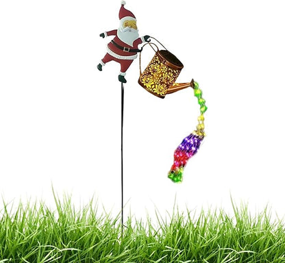 Santa Claus Watering Can Solar Lights Outdoor, Waterproof Father Christmas Solar Garden Lights, Santa Claus Solars Watering Can with LED Cascading Light, Solars Lanterns Father Christmas Decoration