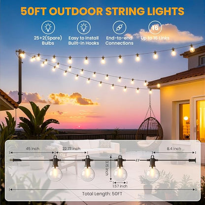 LED Outdoor String Lights, 50FT Patio Lights Outdoor Waterproof with 25+2 Shatterproof G40 Edison Globe Bulbs, 2700K Warm White Hanging Light, Dimmable Light for Outside Backyard Garden Bistro Porch
