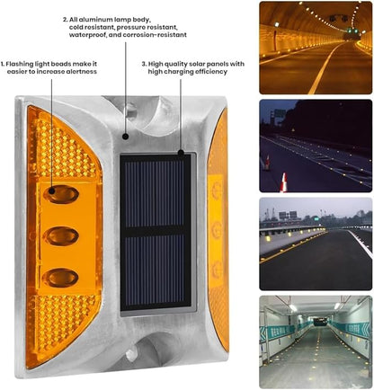 Solar Raised Pavement Marker High Brightness IP68 Waterproof Reflective Road Marker Solar Driveway Dock Lights Sidewalk Stair Garden Pathway Walkway（6 Pack） (Yellow, Keep Light)