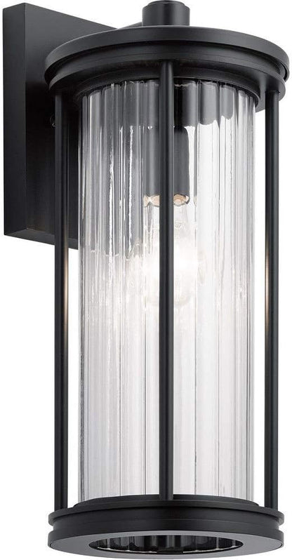 Kichler Barras 16" 1 Light Outdoor Wall Light with Clear Ribbed Glass in Black