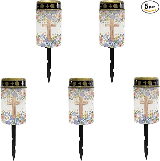 Cross Floral Cemetery Lights for Grave,Solar Garden Lights Cute Solar Pathway Light Lantern Solar Fairy Lights for Outside Waterproof Solar Stake Lights Landscape Lighting