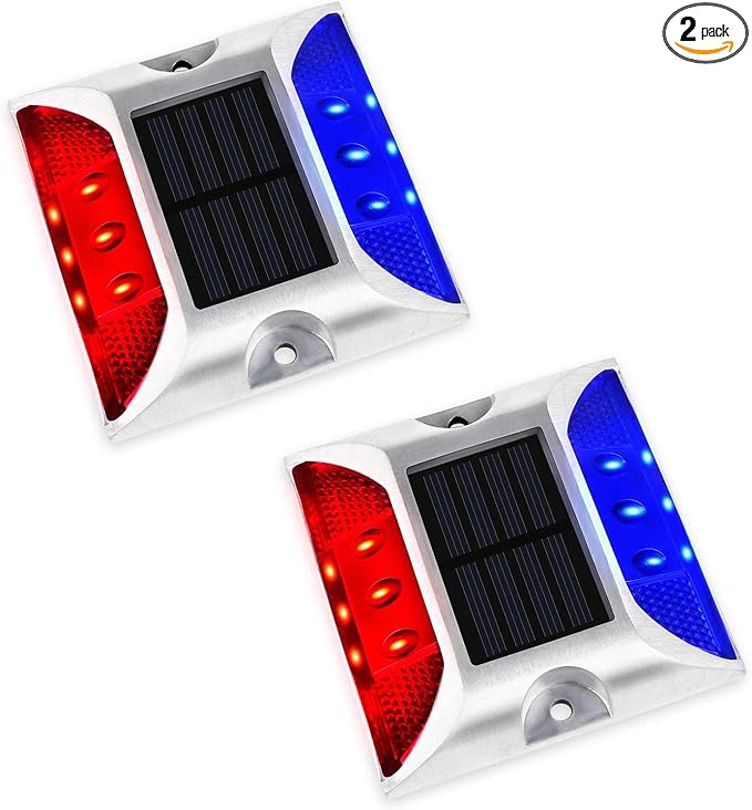 Aolyty Solar Driveway Lights Outdoor, Bright Solar Dock Lights, LED Warning Light Reflective Road Marker Steady Light IP65 Waterproof for Deck Sidewalk Stair Step Pathway (Red & Blue, 2 Pack)