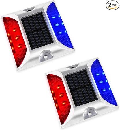 Aolyty Solar Driveway Lights Outdoor, Bright Solar Dock Lights, LED Warning Light Reflective Road Marker Steady Light IP65 Waterproof for Deck Sidewalk Stair Step Pathway (Red & Blue, 2 Pack)