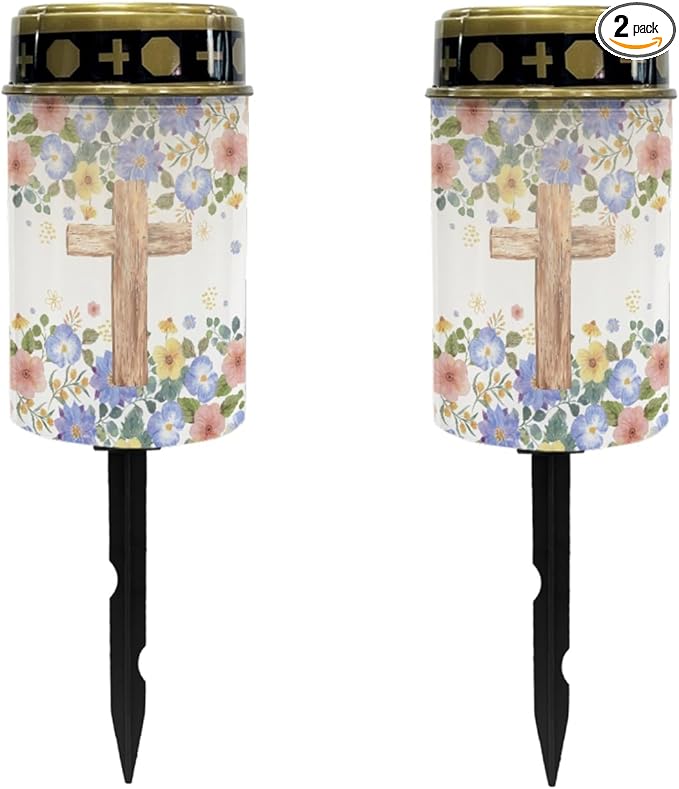 Cross Floral Cemetery Lights for Grave,Solar Garden Lights Cute Solar Pathway Light Lantern Solar Fairy Lights for Outside Waterproof Solar Stake Lights Landscape Lighting