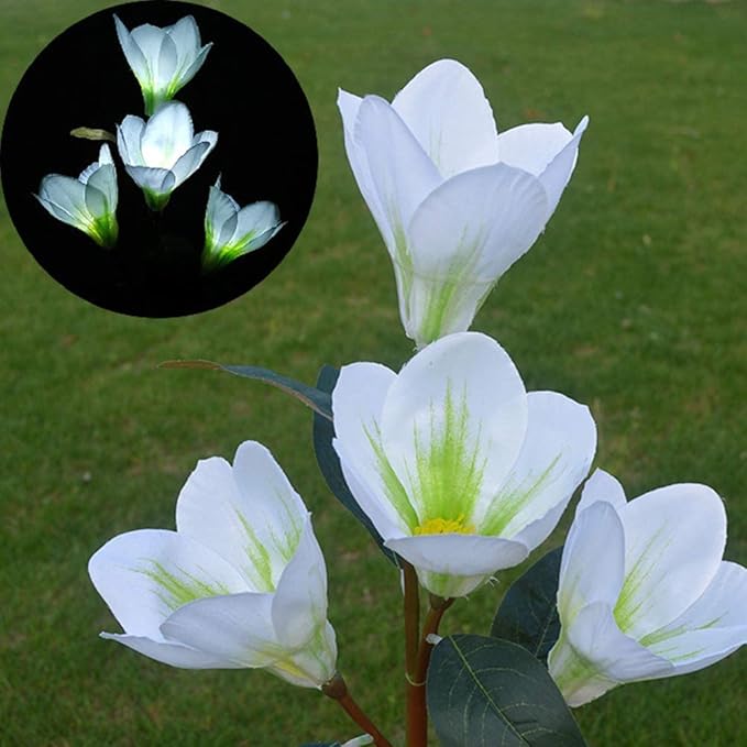 Solar Garden Lights Solar Light Outdoor, Magnolia Flower Lamp Stick Lamp 4 Forks Garden Ground Lamp for Home (Pink Magnolia White Light) (Color : White)
