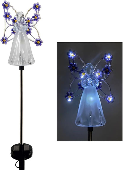 2pcs Fairy Garden Ornaments Outdoor Solar Pathway Lights, Flower Fairy Resin Figurine Lamp for Courtyard Lawn, Commemorate Gift (Purple)