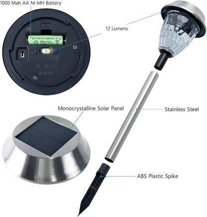 Solar Pathway Lights Outdoor 4 Pack, Glass & Metal Solar Lights with 10 Lumens Brightness, IP65 Waterproof, Warm White & RGB Modes, Decorative Solar Garden Lights for Yard, Walkway, Driveway