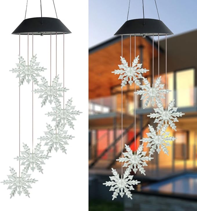 Outdoor Waterproof Solar Snowflake Wind Chime Light 6 LEDs Colorful Snowflake Garden Decorative Light for Walkway Patio Yard Hanging Solar Lights