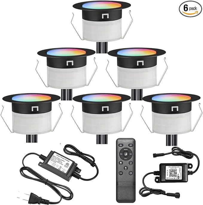 Sumaote LED Deck Lights Kit, 6 pcs 1.22 Inch WiFi Smart Phone Control Recessed RGBW Deck Lighting Outdoor Waterproof Low Voltage Landscape Lighting for Floor Stairs Steps Path Patio Decor, Black