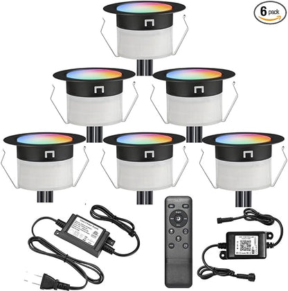 Sumaote LED Deck Lights Kit, 6 pcs 1.22 Inch WiFi Smart Phone Control Recessed RGBW Deck Lighting Outdoor Waterproof Low Voltage Landscape Lighting for Floor Stairs Steps Path Patio Decor, Black