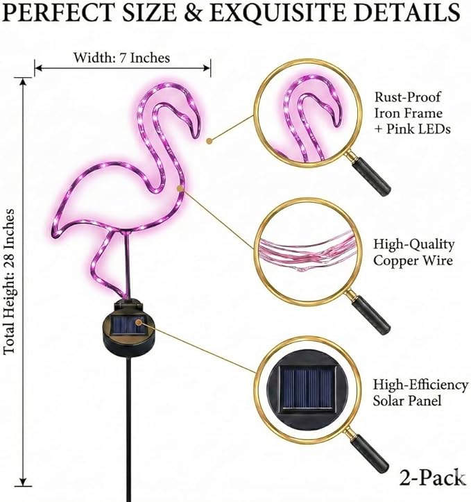 2 Packs Solar Neon-Like Metal Frame Pink Flamingo Stake Light - Outdoor, Pathway, Landscape Light for Lawn, Patio, Garden Or Outdoor Living Area - 28 Inches Tall