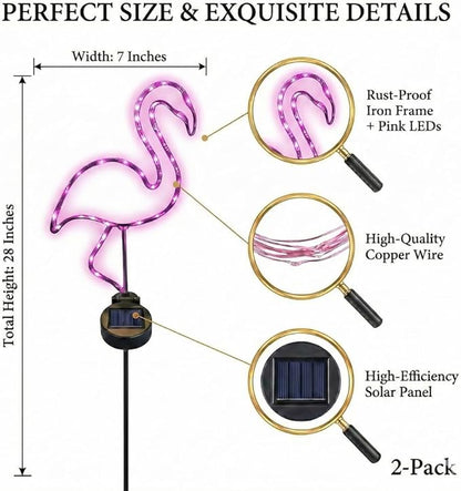 2 Packs Solar Neon-Like Metal Frame Pink Flamingo Stake Light - Outdoor, Pathway, Landscape Light for Lawn, Patio, Garden Or Outdoor Living Area - 28 Inches Tall