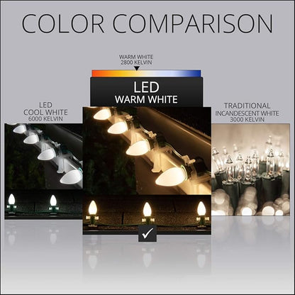 Wintergreen Lighting 50 Opticore LED Commercial C7 Warm White Christmas Lights Vintage Style Smooth Opaque Finish, for Home, Patio, Party Display, Heavy Duty Green Wire (50 ft)