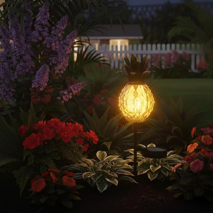 Solar Pineapple Lights Outdoor Glass Pineapple Stakes Lights, Waterproof Garden Lantern Decor Pineapple Gifts for Women 2 Packs, Yellow
