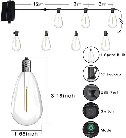 DAYBETTER 150FT Solar String Lights Outdoor Waterproof with Remote & USB Port Dimmable & Timmer,Solar Patio Lights 47+1 LED Shatterproof Bulbs 8 Light Modes,String Lights for Outside Camping Backyard