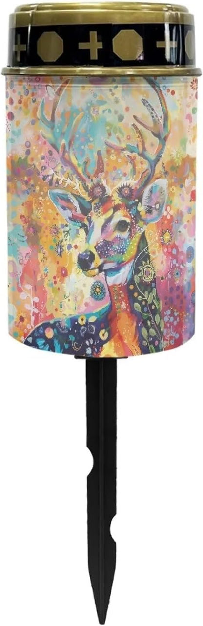 Solar Garden Lights for Cemetery Colorful Watercolor Deer Solar Lights Outdoor Garden, Eternal Lights for Cemetery Grave Decorations