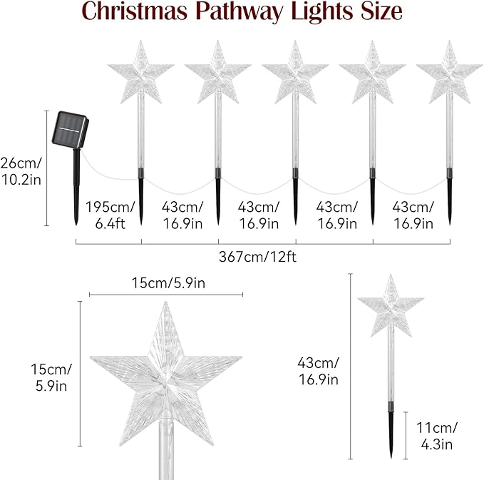 Luxspire Christmas Pathway Lights Outdoor, 5 Pack Solar Walkway Light Waterproof & Auto On/Off, Outdoor Christmas Decorations for Holiday Garden Patio Lawn Yard, Star + Colorful Light
