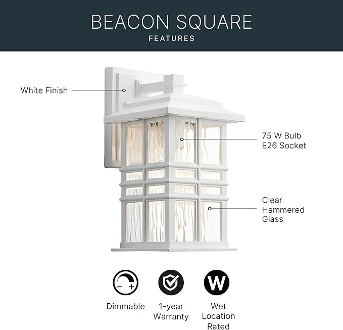 Kichler Beacon Square 12" Outdoor Wall Light in White, 1-Light Exterior Wall Sconce with Clear Hammered Glass, (12" | Lumora