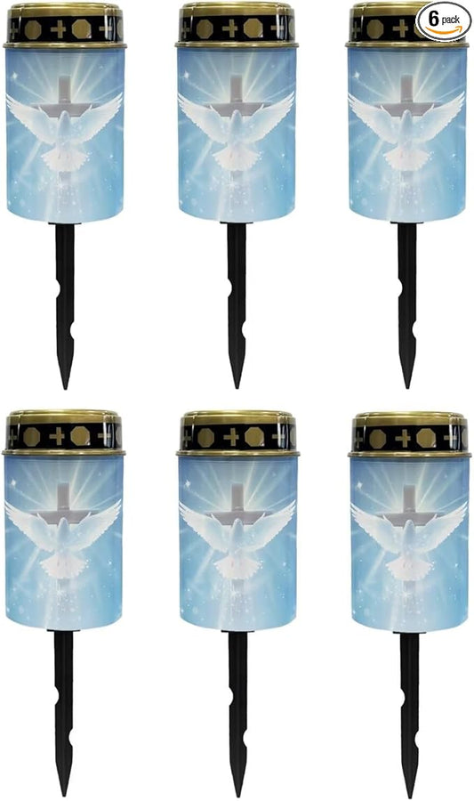 Poceacles Cross Outdoor Solar Lights - Waterproof Grave Stake Lights - Solar Powered Lanterns - Blue Dove of Peace Cross, Pack of 6