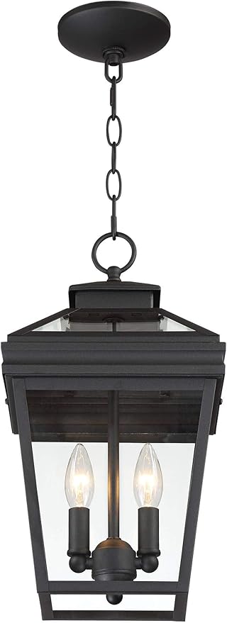 John Timberland Stratton Street Rustic Farmhouse Outdoor Hanging Ceiling Light Fixture Textured Black Lantern 2-Light 16 1/2" Clear Glass Exterior Barn Deck House Porch Yard Patio Outside Garage