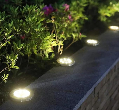 Solar In-Ground Lights Outdoor 8 LED Disk Light Solar Powered Landscape Path Lights for Garden Lawn Yard Patio Pool Patio Deck Driveway Walkway Pathway,Silver Finish,4 Pack (Warm White)