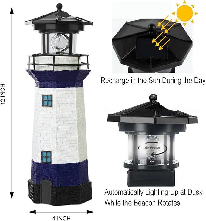 Lighthouse with Rotating Beacon LED Lights - Solar Lighthouse Lamp Outdoor Decorative for Garden Patio Well Cover Gifts(Blue2)