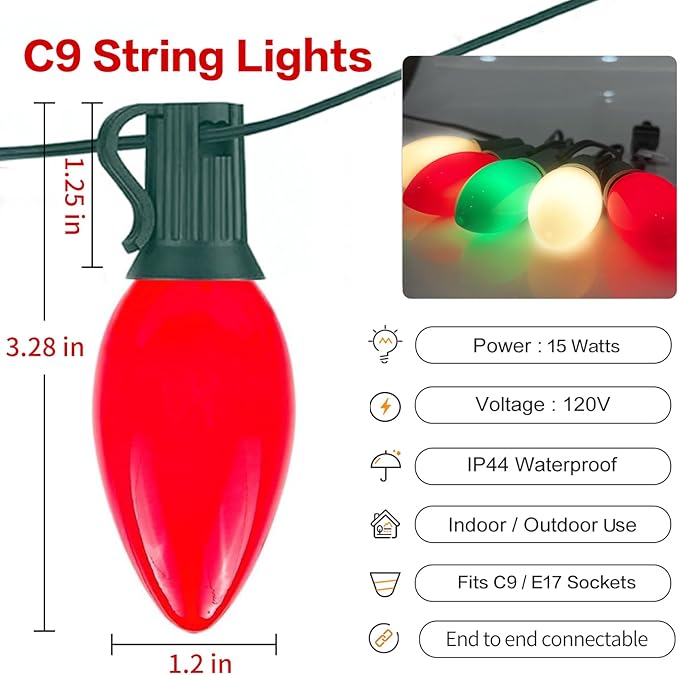 25Ft C9 LED Christmas Lights Outdoor Indoor, Multicolor Red Green White Vintage String Lights, Connectable Holiday | Lumora
