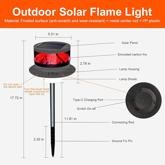Solar Garden Lawn Stake Light, Waterproof Realistic Charcoal Fire, Solar Powered LED for Outdoor Garden, Decorative Landscape Lighting for Path, Modern Unique Style USB Rechargeable Solar Lights
