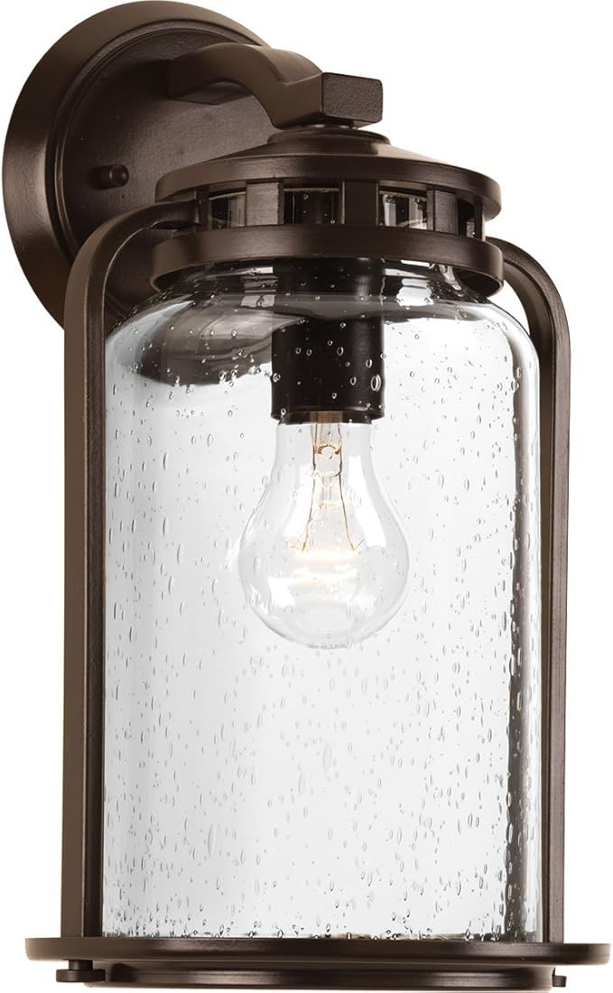 Progress Lighting Botta Collection 1-Light Clear Seeded Glass Farmhouse Outdoor Large Wall Lantern Light Antique Bronze