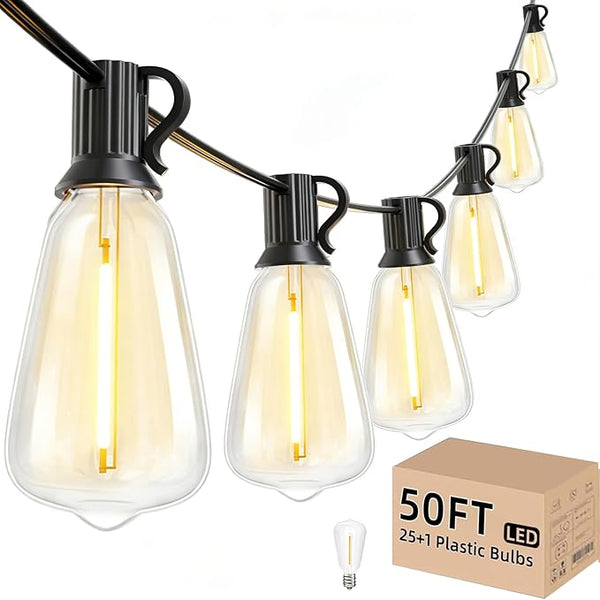 Svater Outdoor String Lights, 50 FT Patio String Lights with 25+1 ST38 Dimmable LED Shatterproof Waterproof Bulbs | Lumora