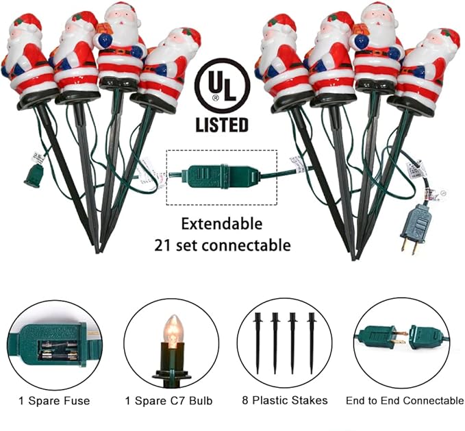 GOOTHY 2 Sets Santa Christmas Pathway Lights, 7Ft C7 Outdoor Christmas String Lights with 8 Santa Claus Marker Stakes Light, Connectable Xmas Decorations Light for Patio Yard Driveway Garden Walkway