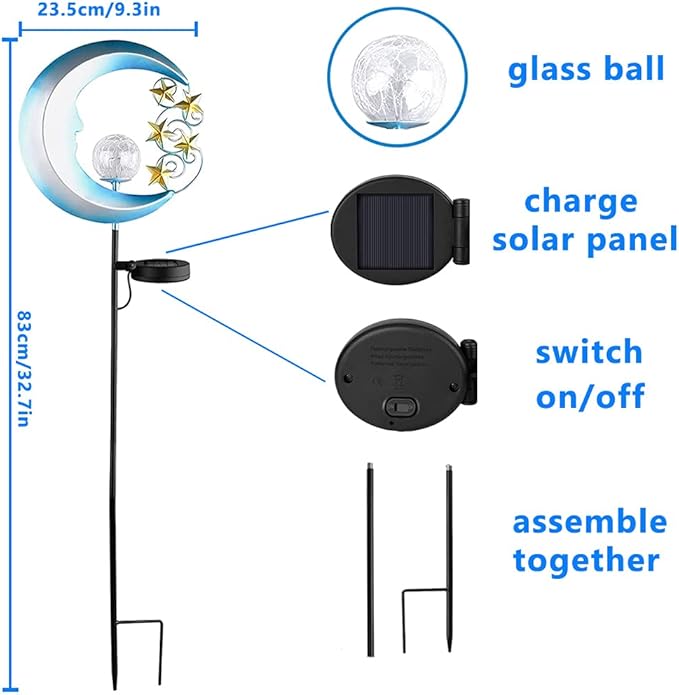 Solar Moon Lights - Outdoor Garden Lights with Crackle Glass Balls and Golden Stars - Waterproof Pathway Stakes for Lawn, Patio, or Yard - 2 Pack - Blue
