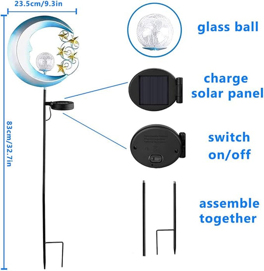 Solar Moon Lights - Outdoor Garden Lights with Crackle Glass Balls and Golden Stars - Waterproof Pathway Stakes for Lawn, Patio, or Yard - 2 Pack - Blue