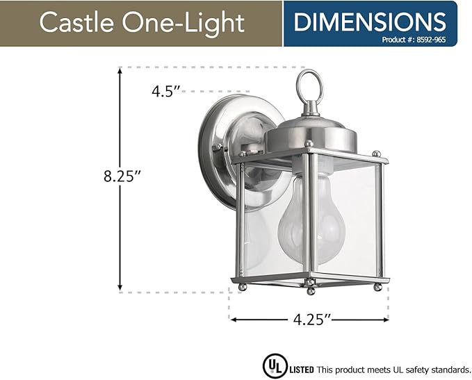 Sea Gull Lighting 8592-965 New Castle One-Light Outdoor Wall Lantern with Clear Glass Panels, Antique Brushed | Lumora