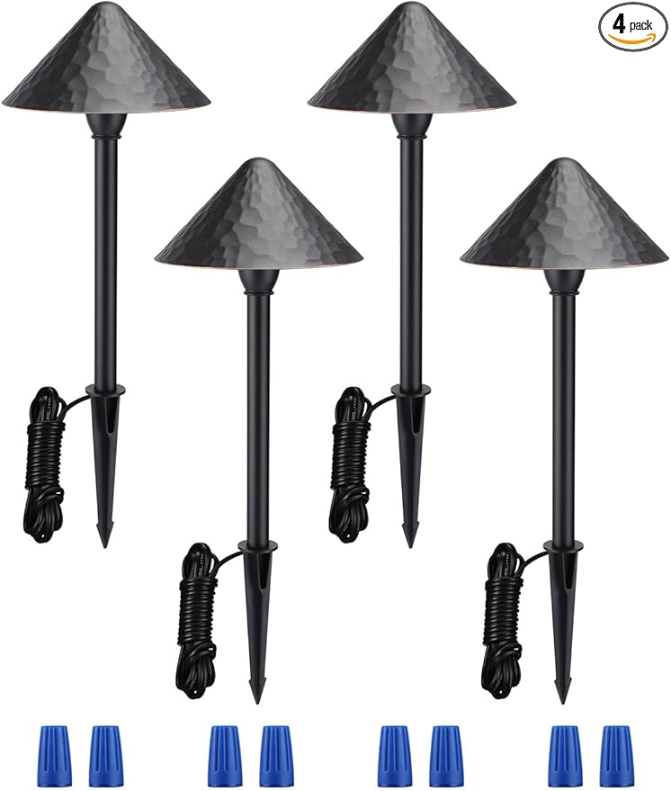 LEONLITE LED Landscape Path Light, 3W 147LM 12-24V AC/DC ETL CRI90+ Wired Outdoor LED Walkway Light, Unique Vintage Golden Edge, Aluminum Construction Low Voltage Pathway Lights 3000K, Pack of 4