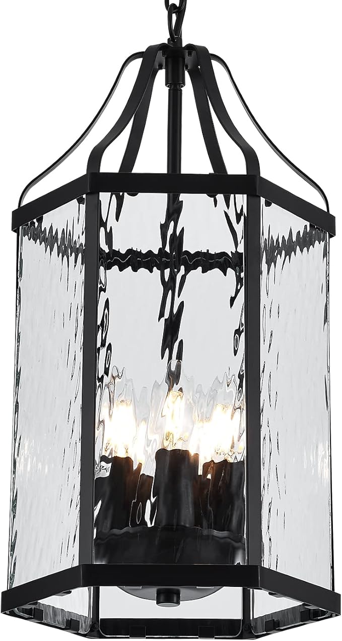 10" Modern 5-Light Exterior Black Lantern Pendant Light Fixture with Clear Rippled Glass Mini Industrial Hanging | Lumora