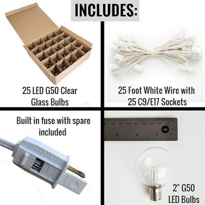Hometown Evolution, Inc. G50 2" LED Diode Warm White Outdoor Patio String Lights with 0.6 Watt Light Bulbs (White Wire, 25 ft)