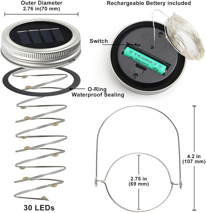 Urvoix Solar Mason Jar Lights - 6 Pack 30 Led Waterproof Jar Lids String Lights with 6 Handle, Perfect for Outdoor | Lumora