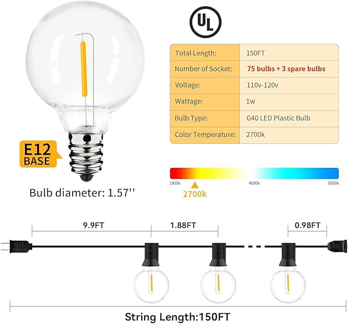150ft Outdoor String Lights Waterproof/Connectable/Dimmable LED Shatterproof Bulbs,UL Listed Globe G40 String | Lumora