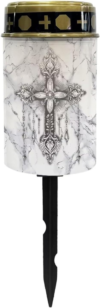 Cross Print Cemetery Solar Garden Stake Lights - Outdoor Metal Lights, Waterproof for Garden, Lawn, Patio or Courtyard
