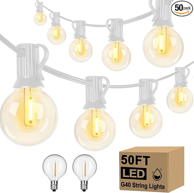 Outdoor LED String Lights 50ft - G40 Edison Bulbs with Clear Plastic Globes, Dimmable Waterproof Commercial Grade | Lumora