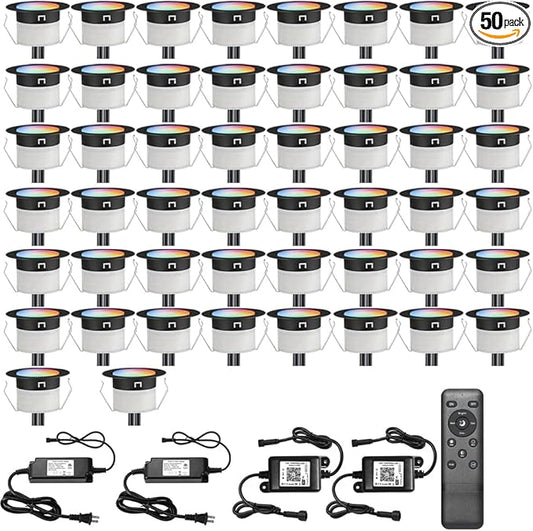 Sumaote LED Deck Lights Kit Black Shell 50 pcs 1.22 Inch WiFi Smart Phone Control Low Voltage Recessed RGBW Deck Lamp Landscape In-ground Lighting Waterproof Outdoor Yard Path Stair Decor