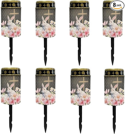 Cross Rabbit Cemetery Solar Powered Lights for Grave, Outdoor Pathway Cactus Green Lantern Stake, Waterproof Walkway Garden Decoration for Yard Patio