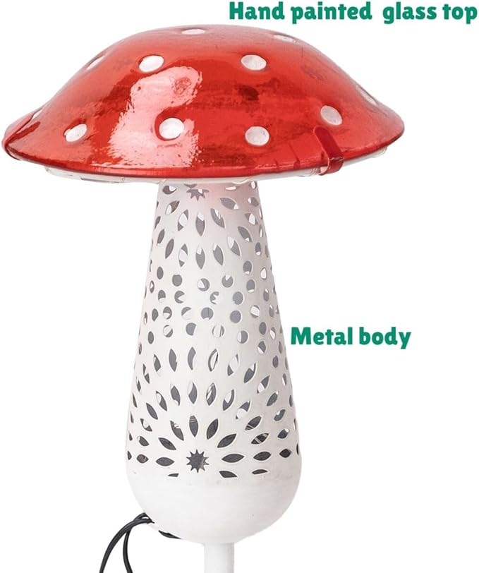 Giant Red Mushroom Solar Light - 12''H Glass and Metal Outdoor Decor Stake Light, 3-PACK, Large