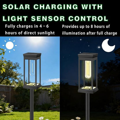 Solar Pathway Lights Outdoor, LED Garden Stake Light with Automatic Charging, Black ABS Plastic, 21.26 Inch Height, Warm White 3000-4000K, Ground Mount Landscape Lighting (Black Square, 8, Count)