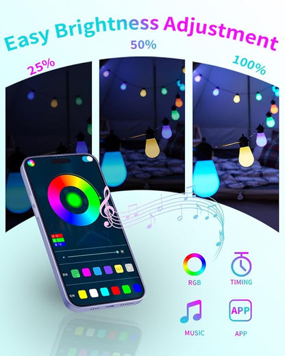 Honche Outdoor String Lights S14, 46FT Patio Lights with 20 Shatterproof LED Bulbs, APP & Remote Control, 213 Scene Modes, USB Powered, IP67 Waterproof for Garden, Wedding, Party, Camping